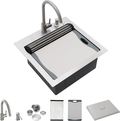 21" Outdoor Kitchen Sink Drop In Bar Sink Workstation With Faucet And Dust Lid Single Bowl Utility Small Sinks 304 Stainless Steel