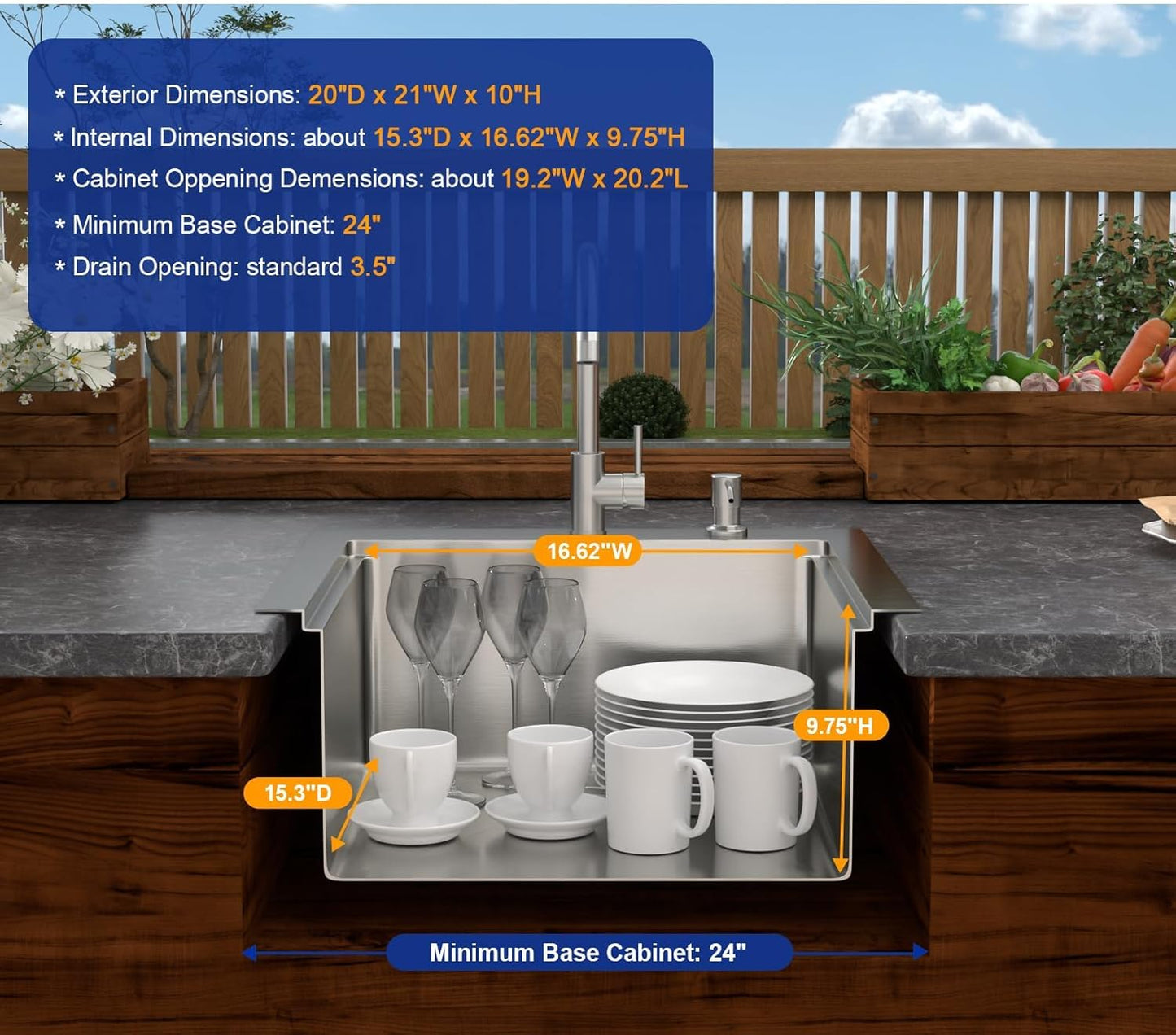 21" Outdoor Kitchen Sink Drop In Bar Sink Workstation With Faucet And Dust Lid Single Bowl Utility Small Sinks 304 Stainless Steel