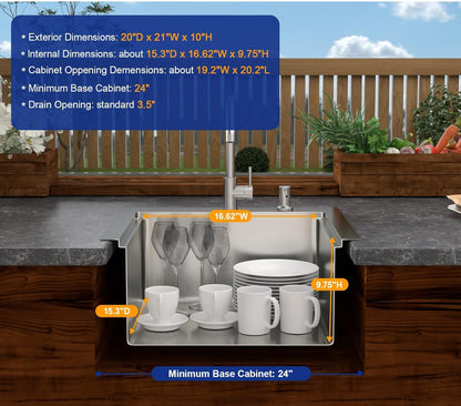 21" Outdoor Kitchen Sink Drop In Bar Sink Workstation With Faucet And Dust Lid Single Bowl Utility Small Sinks 304 Stainless Steel